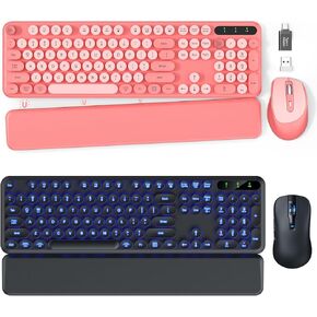 2 Pack Wireless Keyboard and Mouse-Typewriter Keyboard with Detachable Wrist Rest, Retro Round Keycaps,2.4G Cordless Combo for Mac, Windows, PC, Laptop