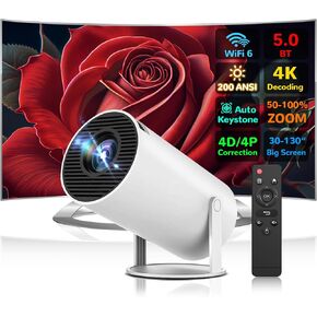 Mini Portable Projector 1080P 4K HY300 Pro,Smart Projector WiFi 6 5G Wireless Auto Keystone Correction 200 ANSI 8000 Lumens BT 5.0 130 Inch Screen Adjustment 270 Degree Flip Built in Android 11.0