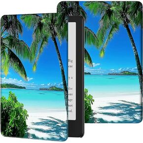 Slim Case for Kindle Paperwhite 12th Gen 2024 Released (7") & Kindle Colorsoft Signature Edition PU Leather Lightweight Adjustable Stand Smart Shell Cover with Auto Wake/Sleep, Beach Palm Trees