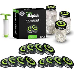Burp Lids 12 Pack Curing Kit - Fits All Wide Mouth Mason Jar Containers - A Home Harvesting Essential. 12 lids + extraction pump. Vacuum sealed for successful cure.