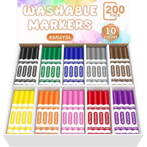 KMUYSL 200 Count Washable Markers Bulk, Markers in 10 Assorted Colors - Broad Line Conical Tip Coloring Markers for Kids, School Art Supplies & Back to School Supplies, Classroom Must Haves