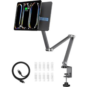 [Upgrade] Magnetic Wireless Charging Stand for iPad Air 13" M3/M2/iPad Pro 12.9, Aluminium Alloy iPad Desk Stand with Foldable Long Arm, 360° Adjustable Tablet Holder for iPad Pro 12.9 3rd/4th/5th/6th