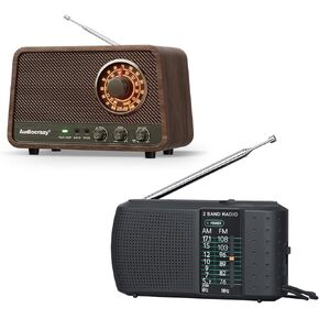 Vintage Wooden AM FM Radio + Portable Pocket AM FM Radio