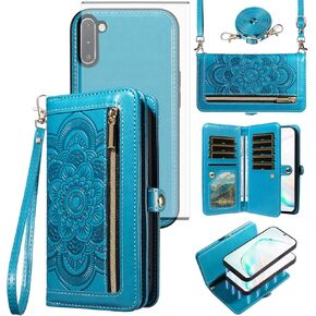 Asuwish Phone Case for Samsung Galaxy Note 10 5G Zipper Wallet Detachable Cell Cover with Tempered Glass Screen Protector Crossbody Strap Flower Card Holder Note10 Notes 10s Ten Not S10 Women Purple