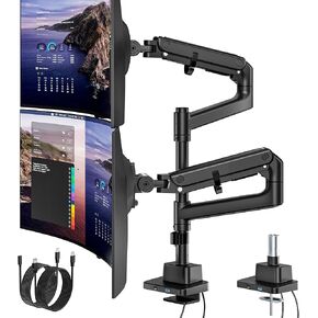 monTEK 17-57 Inch Dual Ultrawide Monitor Arm for Up to 59.4lbs Screen, Aluminum Heavy-Duty Gas Spring Vertical Stackable Curved Screen Adjustable Monitor Stand,75/100mm Vesa Mount, Black