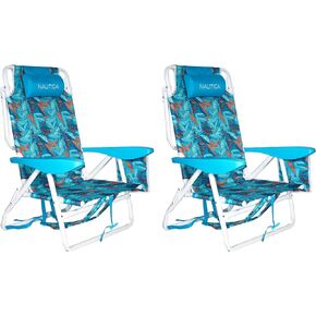 Nautica - Beach Chair Set, Five Position Backpack Chair, Portable & Adjustable with Padded Pillow and Cup Holders, and Attached Insulated Cooler Bag, Set of 2 (Fiji Beach)
