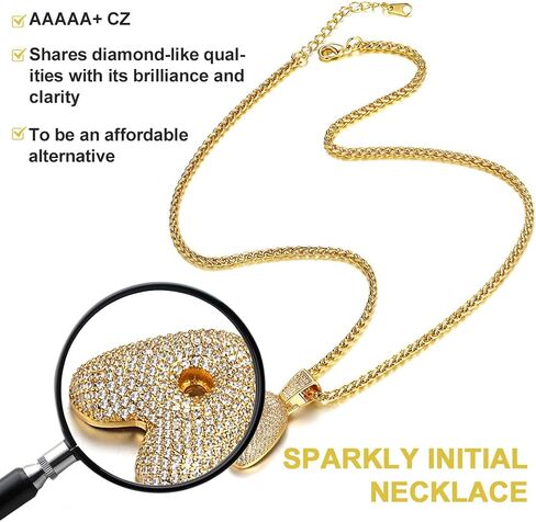GOLDCHIC JEWELRY قلادة فقاعات مثلجة مخصصة للرجال، قلادة بحروف أولية مطلية بالذهب تشيكوسلوفاكيا مع سلسلة تنس، سحر الأبجدية تشيكوسلوفاكيا للرجال والنساء مجوهرات الهيب هوب من الألف إلى الياء in Kuwait