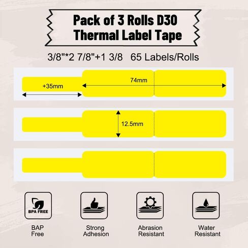Phomemo D30 Label Maker Tape Cable Wire Label Tape, Black Print on White Sticker, 12.5mm x 74mm+35mm (3/8" x2 7/8"+1 3/8) Self-Adhesive Thermal Label Tape, 65 Tapes/Roll, 3-Roll in Kuwait