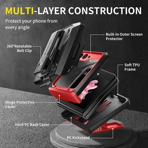 TONGATE for Z Flip 5 Case with Kickstand & Belt-Clip, [Hinge Protection Cover][Bulit-in Screen Protector] Military Grade Shockproof Phone Case for Samsung Galaxy Z Flip 5 5g 2023, Red in Saudi Arabia