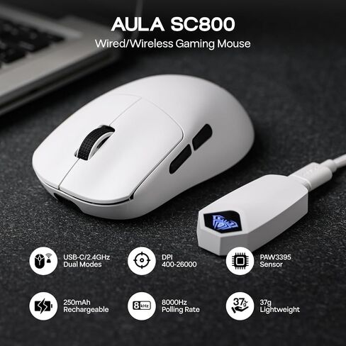EPOMAKER Aula SC800 Wireless Gaming Mouse, 37g Lightweight, Adjustable 26,000 DPI, 8k Polling Rate, PAW3395, Programmable Buttons, On-Board Memory, 250mAh Battery, PC/MAC/Linux (White) in Saudi Arabia