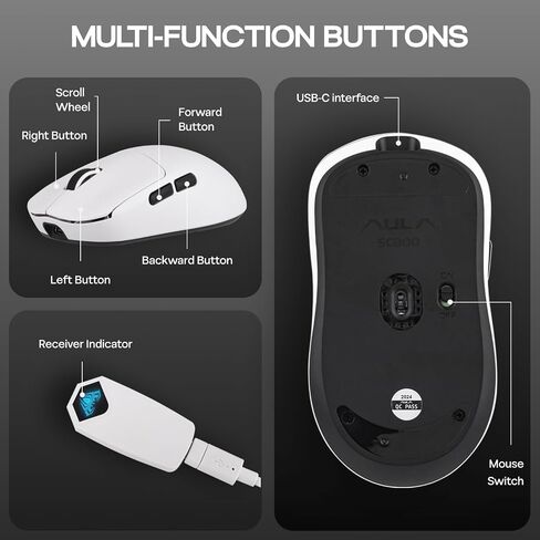 EPOMAKER Aula SC800 Wireless Gaming Mouse, 37g Lightweight, Adjustable 26,000 DPI, 8k Polling Rate, PAW3395, Programmable Buttons, On-Board Memory, 250mAh Battery, PC/MAC/Linux (White) in Saudi Arabia