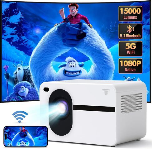Projector with Wifi and Bluetooth, Native 1080P 15000L Mini Projector Home Theater Video Projector, Portable Projector Compatible with iOS/Android PC/TV Stick/HDMI/USB/AV（White) in Kuwait