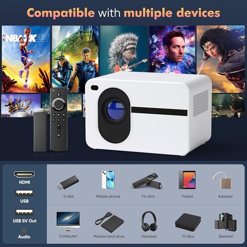 Projector with Wifi and Bluetooth, Native 1080P 15000L Mini Projector Home Theater Video Projector, Portable Projector Compatible with iOS/Android PC/TV Stick/HDMI/USB/AV（White) in Kuwait