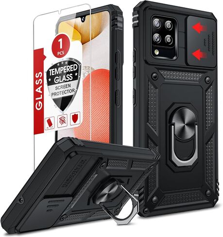 LeYi for Samsung Galaxy A42 5G Phone Case, Samsung Galaxy A42 Case with Slide Camera Cover + Glass Screen Protector, Military-Grade Cell Android Case Cover with Metal Ring Kickstand for A 42 5G, Black in Saudi Arabia