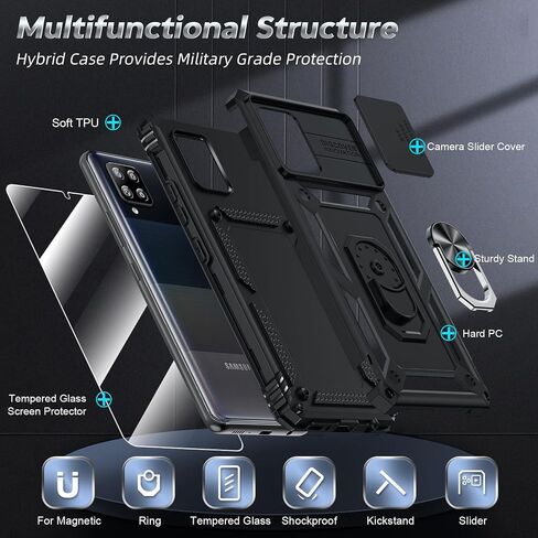 LeYi for Samsung Galaxy A42 5G Phone Case, Samsung Galaxy A42 Case with Slide Camera Cover + Glass Screen Protector, Military-Grade Cell Android Case Cover with Metal Ring Kickstand for A 42 5G, Black in Saudi Arabia