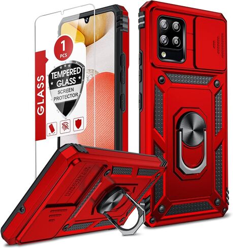 LeYi for Samsung Galaxy A42 5G Phone Case, Samsung Galaxy A42 Case with Slide Camera Cover + Glass Screen Protector, Military-Grade Cell Android Case Cover with Metal Ring Kickstand for A 42 5G, Black in Saudi Arabia