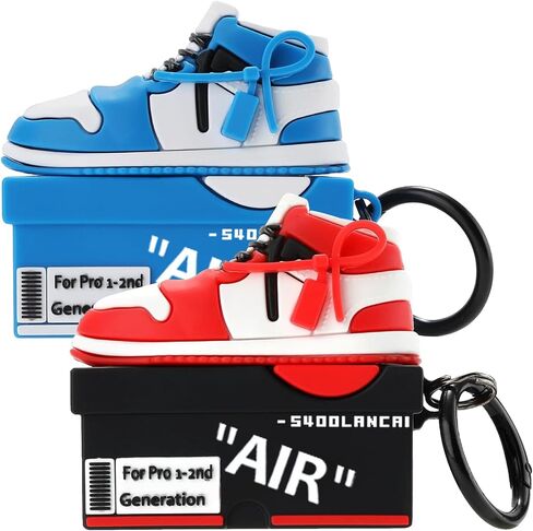 [2Pack] for Apple Airpods Pro Case Cover, Cute Cartoon Shoe Box Soft Silicone Protective Cases for AirPods Pro 1st Generation Case with Keychain for Women Men, Red+Blue in Saudi Arabia