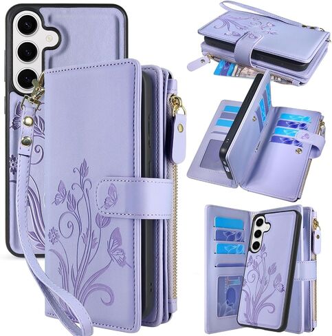 محفظة Lacass Case لـ Samsung Galaxy S25+ Plus ، [12 فتحات البطاقة] معرف الائتمان Cash Holder Szipper Pocket محفظة جلدية قابلة للفصل مع حبل حزام المعصم （الأزهار الأرجواني） in Kuwait