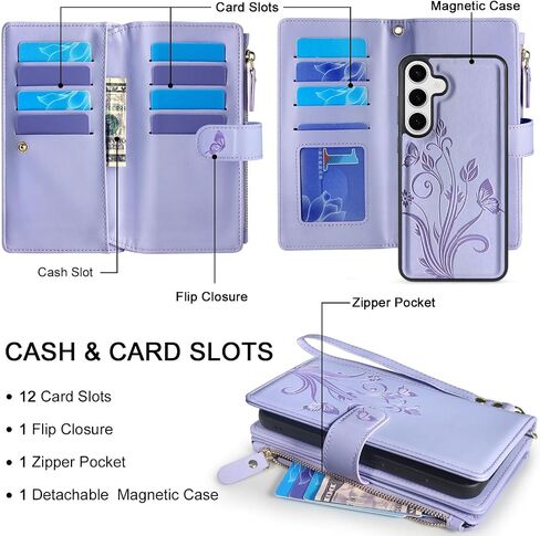 محفظة Lacass Case لـ Samsung Galaxy S25+ Plus ، [12 فتحات البطاقة] معرف الائتمان Cash Holder Szipper Pocket محفظة جلدية قابلة للفصل مع حبل حزام المعصم （الأزهار الأرجواني） in Kuwait