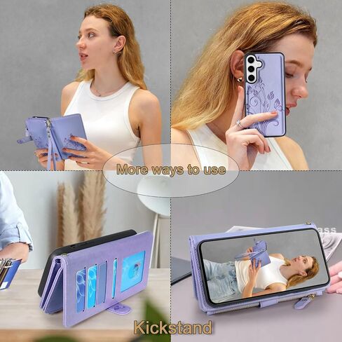 محفظة Lacass Case لـ Samsung Galaxy S25+ Plus ، [12 فتحات البطاقة] معرف الائتمان Cash Holder Szipper Pocket محفظة جلدية قابلة للفصل مع حبل حزام المعصم （الأزهار الأرجواني） in Kuwait