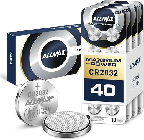 بطاريات Allmax CR2032 للعملة الليثيوم (40 عدد)-تصميم أطول ، ومقاوم للتسرب ، وعمر الوجه لمدة 10 سنوات ، والأداء النهائي ، مثالي لـ Key Fobs (3V) in Saudi Arabia