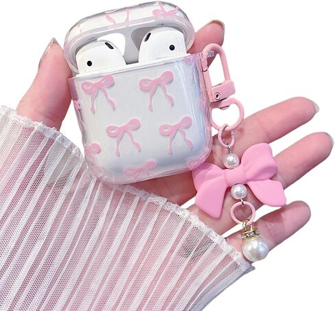 minscose متوافق مع AirPods Pro 2 Clear Case ، نمط القوس لطيف Kawaii Ribbon تصميم جرلي مع سلسلة مفتاح اللؤلؤ القوس ، ناعمة TPU الواقية مقاومة للصدمات للنساء للفتاة من أجل airpods pro 2-white in Kuwait