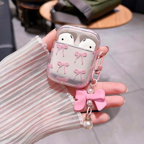 minscose متوافق مع AirPods Pro 2 Clear Case ، نمط القوس لطيف Kawaii Ribbon تصميم جرلي مع سلسلة مفتاح اللؤلؤ القوس ، ناعمة TPU الواقية مقاومة للصدمات للنساء للفتاة من أجل airpods pro 2-white in Kuwait