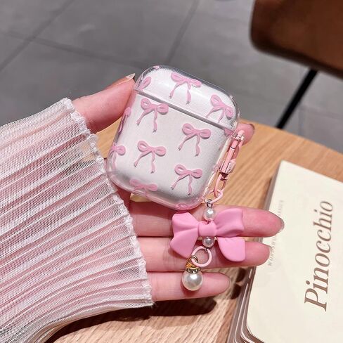minscose متوافق مع AirPods Pro 2 Clear Case ، نمط القوس لطيف Kawaii Ribbon تصميم جرلي مع سلسلة مفتاح اللؤلؤ القوس ، ناعمة TPU الواقية مقاومة للصدمات للنساء للفتاة من أجل airpods pro 2-white in Kuwait