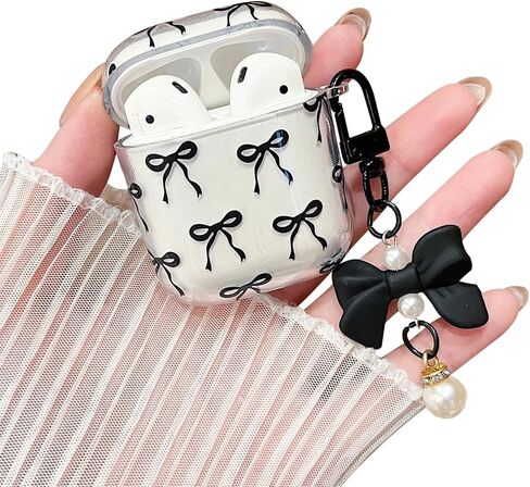 minscose متوافق مع AirPods Pro 2 Clear Case ، نمط القوس لطيف Kawaii Ribbon تصميم جرلي مع سلسلة مفتاح اللؤلؤ القوس ، ناعمة TPU الواقية مقاومة للصدمات للنساء للفتاة من أجل airpods pro 2-white in Kuwait