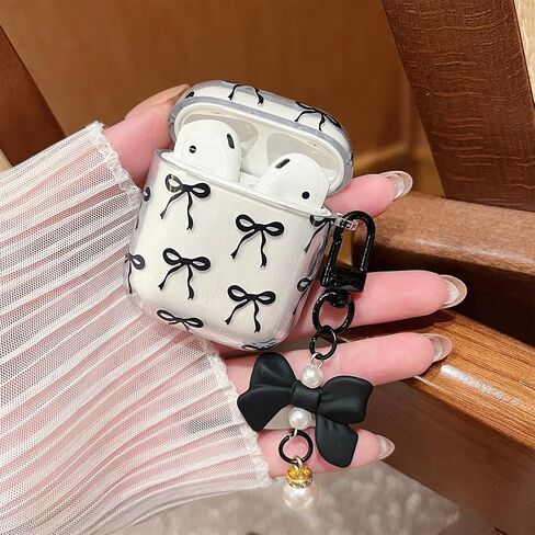 minscose متوافق مع AirPods Pro 2 Clear Case ، نمط القوس لطيف Kawaii Ribbon تصميم جرلي مع سلسلة مفتاح اللؤلؤ القوس ، ناعمة TPU الواقية مقاومة للصدمات للنساء للفتاة من أجل airpods pro 2-white in Kuwait