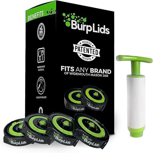 Burp Lids 12 Pack Curing Kit - Fits All Wide Mouth Mason Jar Containers - A Home Harvesting Essential. 12 lids + extraction pump. Vacuum sealed for successful cure. in Saudi Arabia
