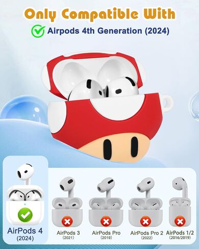 Boaretiu for Airpods 4 Case 2024 Cute Cartoon Kawaii - Funny 3D Soft Silicone Mushroom Design Cover with Carabiner Stylish for Boys Girls Teens Women for Air pods 4 in Kuwait