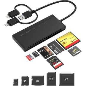 Memory Stick Pro Duo Adapter USB C/USB 3.0/Lightning Triple Connector Simultaneously Read SD CF Micro SD MS XD Cards,7 in 3 Multi Memory Card Reader USB C Lightning OTG Adapter for iPhone,PC,Android