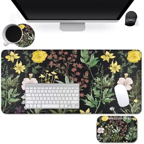 3in1 Ergonomic Desk Mat, XXL Gaming Mousepad, Large Gaming Desk Mat with Wrist Rests & Coasters Set for Home Office, Anti-Slip Rubber Base Computer Desk Mouse Pad, Flowers and Leaves