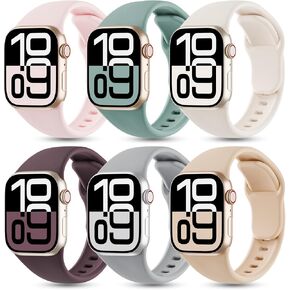 6 Pack Silicone Bands Compatible with Apple Watch Band 42mm 41mm 40mm 38mm 46mm 45mm 44mm 49mm Women Men, Patented Wristband Soft Sport Waterproof Strap for iWatch Series 10 9 8 7 6 5 4 3 2 1 SE Ultra