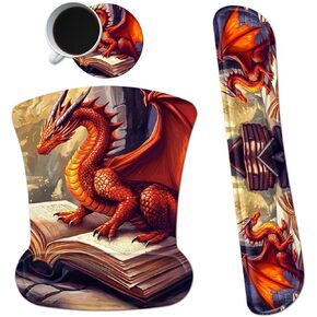 Ergonomic Mouse Pad with Wrist Support Gel Mouse Pads and Upgrade Keyboard Wrist Rest Pad Set, Coasters Non-Slip PU Base Mouse Mat for Office Gaming Computer Laptop Home, Red Dragon Books
