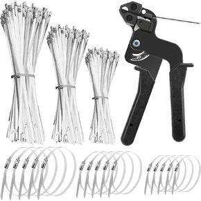 Heavy Duty Stainless Steel Cable Tie Gun Kit with 200 PCS 8.3 Inch Self-Locking Metal Zip Ties, Adjustable Tension & Cutting Tool for Garden Fence Repair, Outdoor Projects, Automotive (8.3'')