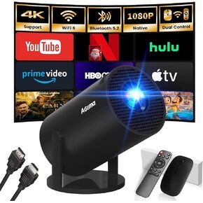 [Built-in App] Mini Projector 1080P FHD 4K Support Projector with Mouse Portable Projector with WiFi 6 and Bluetooth 180° Adjustable Auto Keystone HDMI/TV Stick/PS5/Laptop, with HDMI Cable & Mouse