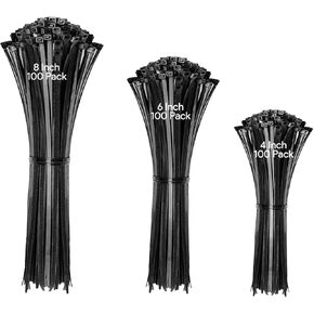 300-Pack Heavy Duty Black Zip Ties, 8+10+12 Inch Multi-Size Self-Locking Nylon Cable Ties for Home, Office, Garden, Workshop, Communication Rooms - Multi-Purpose, Durable, and Secure(Black)