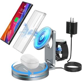 Wireless Charger for Samsung, 3 in 1 Charging Station for Samsung S24/S23/S22/Note20 Series, Foldable Magnetic Charger Stand/Dock for Galaxy Watch 7/6/5/4/3, Galaxy Buds+/Live