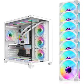 Gopie White PC Case ، 7Pack PWM RGB Computer Fans مثبت مسبقًا ، حالة استضافة كمبيوتر سطح المكتب للألعاب متوافقة مع 360 مم راد