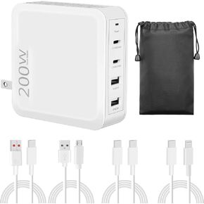200W USB C Fast Charger, 4-Port Power Adapter for MacBook Pro/Air, iPad Pro, iPhone, Samsung Galaxy and All Type-C/Lightning/Android Device, Include 4 Charge Cable