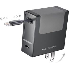 USB C Wall Charger with 31.5in Retractable Lightning Cable, 35W PD GaN Fast Charging Block, 2in1 Foldable Charger Compatible with iPhone14/13/12, iPad, Galaxy S25 S24, LG and More(Black)