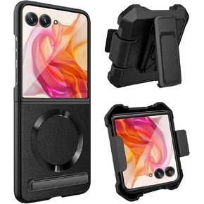 علبة مع مقطع ل Motorola Razr+ 2024 ، مع حامي الشاشة و Kickstand [متوافق مع Magsafe] Pu الجلود والسرد حزام الحزام الحافظة ل Moto Razr+ 2024 (أسود+ حزام clip)