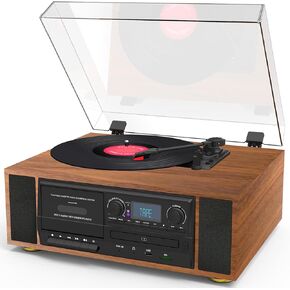 Boytone BT-98SM Bluetooth Classic Turntable Record Player System, AM/FM Radio, CD/Cassette Player, 2 Built-in Stereo Speakers, Record from Vinyl, Radio, and Cassette to MP3, SD Slot, USB, AUX.