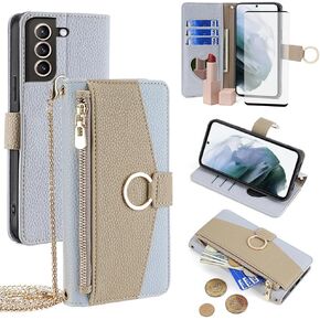 Asuwish Phone Case for Samsung Galaxy S21 Plus S21+ 5G Wallet Cover with Screen Protector and Mirror Flip Cover Ring Card Holder Crossbody Strap Cell S21+5G S21plus 21S + S 21 21+ G5 Women Girls Blue