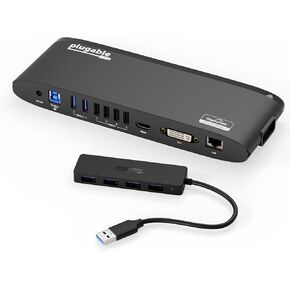 Plugable Universal Docking Station with Dual Monitor Support, HDMI/DVI/VGA and 4-Port USB 3.0 Hub Bundle – Expand Connectivity for Laptops, MacBooks, and PCs with USB C/USB 3.0 Compatibility
