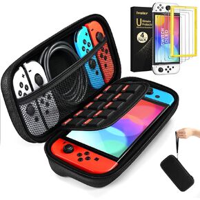 ivoler Carrying Case for Switch OLED with 4 Pack Screen Protector for switch OLED,Portable Hard Shell Pouch Carrying Travel Game Bag for Switch OLED Holds 10 Game Cartridge (Black)