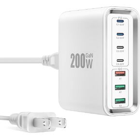 Charging Station 200W GaN 7-Port Fast USB C Charger Block USB Hub for Multiple Devices, 65W USBC Wall Charger Type C PD Adapter Cube Plug for iPhone 16 15 14 13 Pro Max Plus, MacBook, iPad, Samsung ﻿