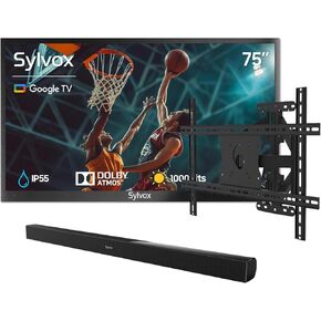 SYLVOX 75-Inch Outdoor TV, Smart TV Compatible with Google TV, Waterproof Soundbar, & Adjustable Wall Mount